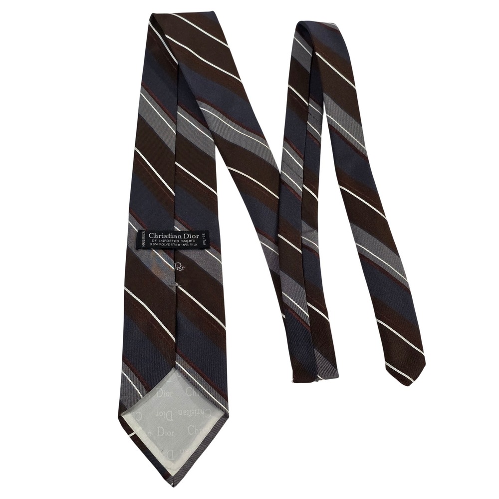 Christian Dior Mens Striped Silk Blend Necktie Brown Navy Grey‎ Made in USA